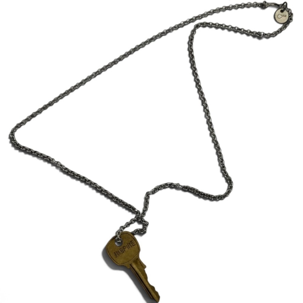 The Giving Keys Inspire Brass Key Necklace Silver Rolo Chain Hand Stamped USA